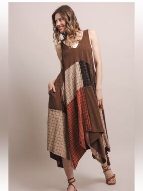 078. Patchwork racerback tank midi dress in Neutral colors